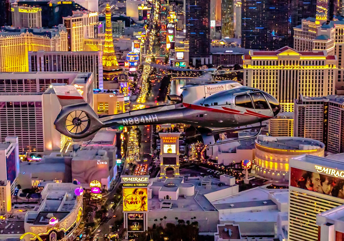 Helicopter over Las Vegas Strip. Vegas Views Experience from Maverick Helicopters.