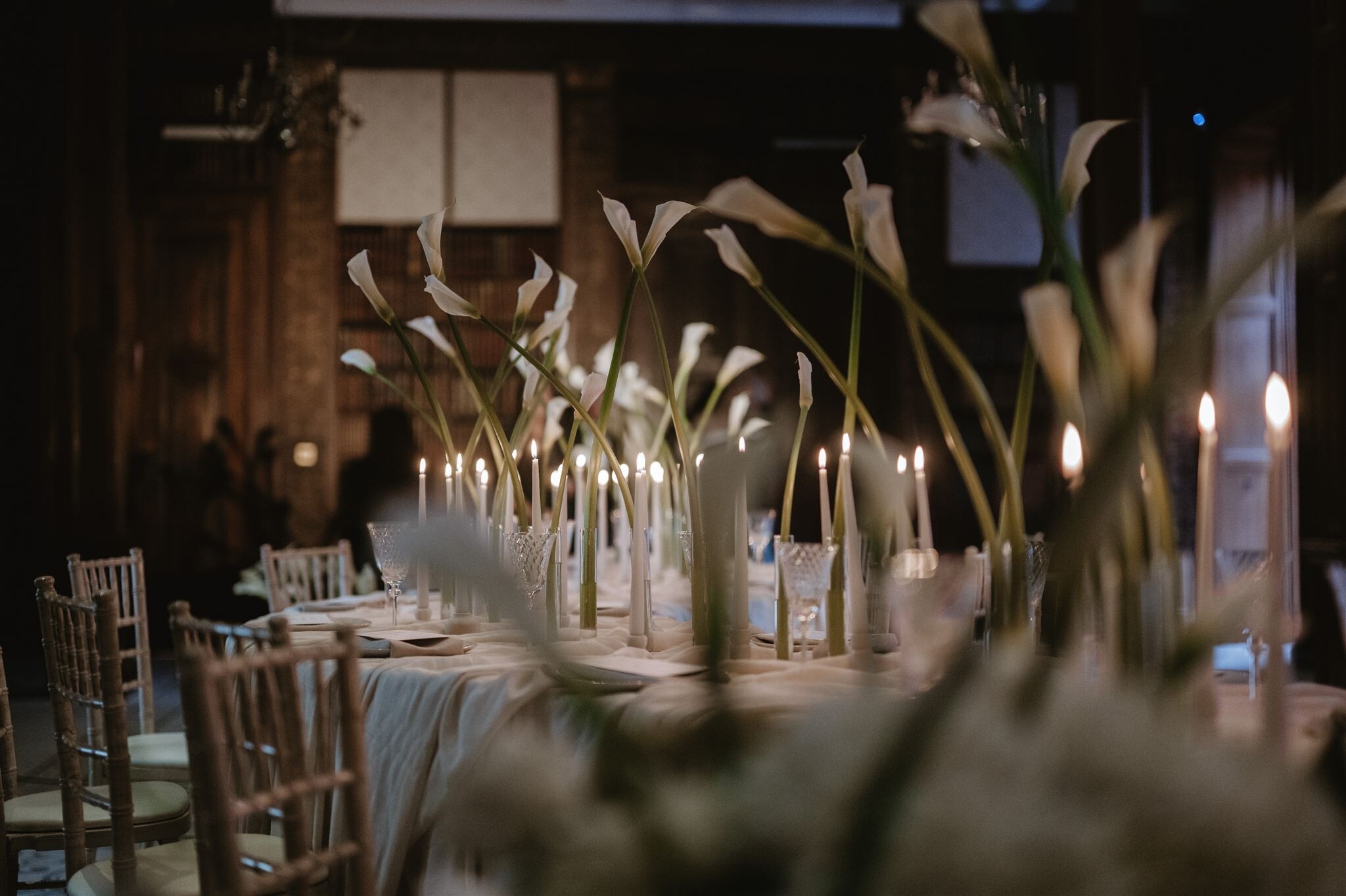 Calla lillies on a wedding breakfast table