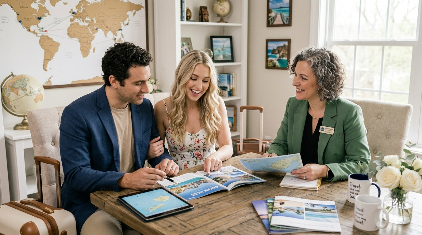 Couple planning honeymoon with travel agent