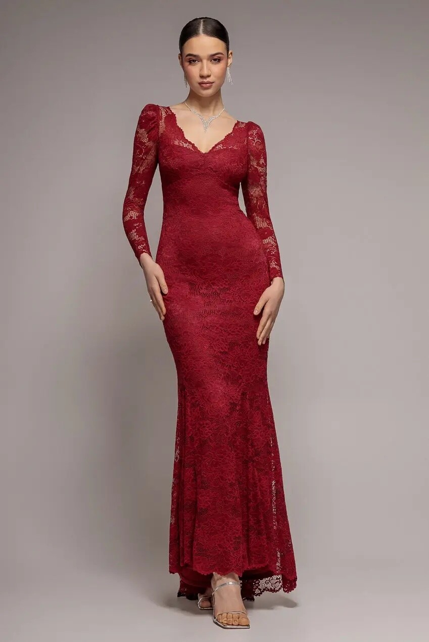 burgundy lace long sleeve bridesmaid dress with v neckline and fitted silhouette for winter wedding indoor venue