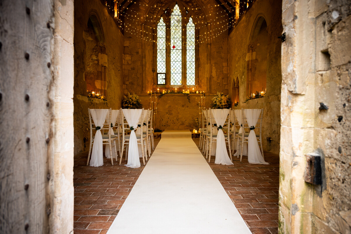 Interior of the Bailiffscourt wedding chapel set for an intimate ceremony