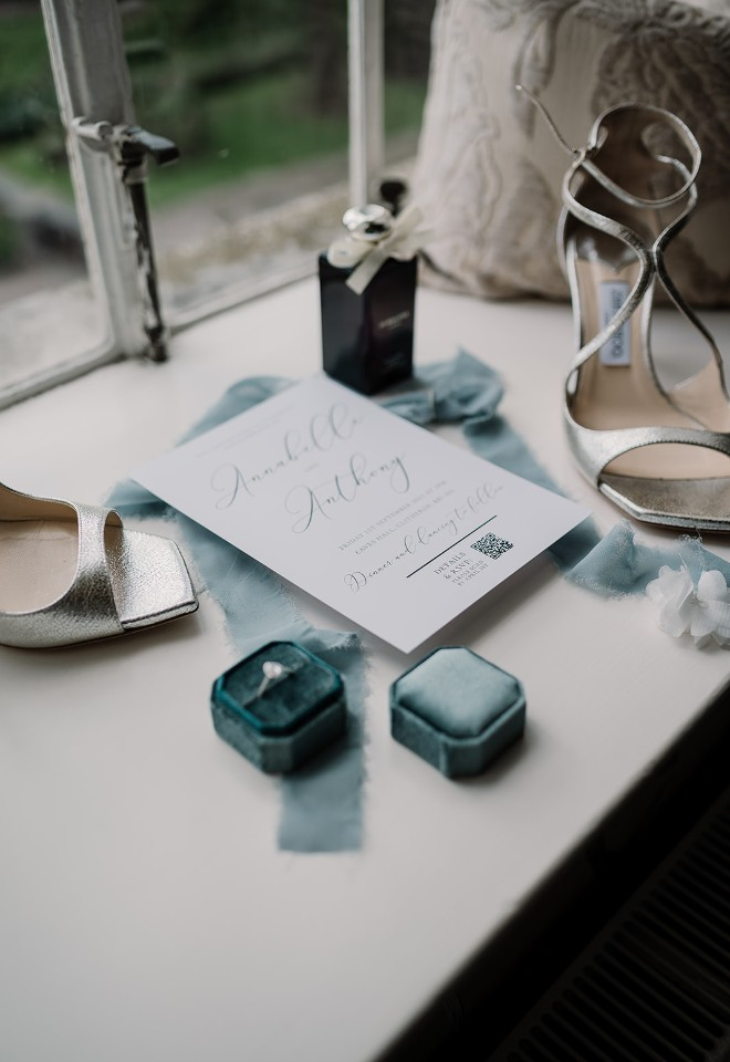 Wedding invitation and jewellery with brides Jimmy Choo shoes