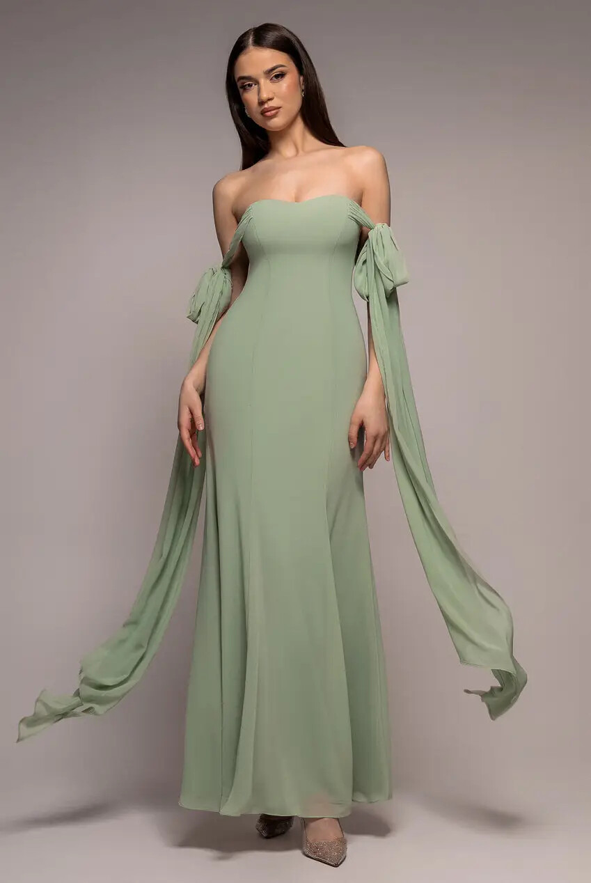 Pale green detailed maxi dress on model