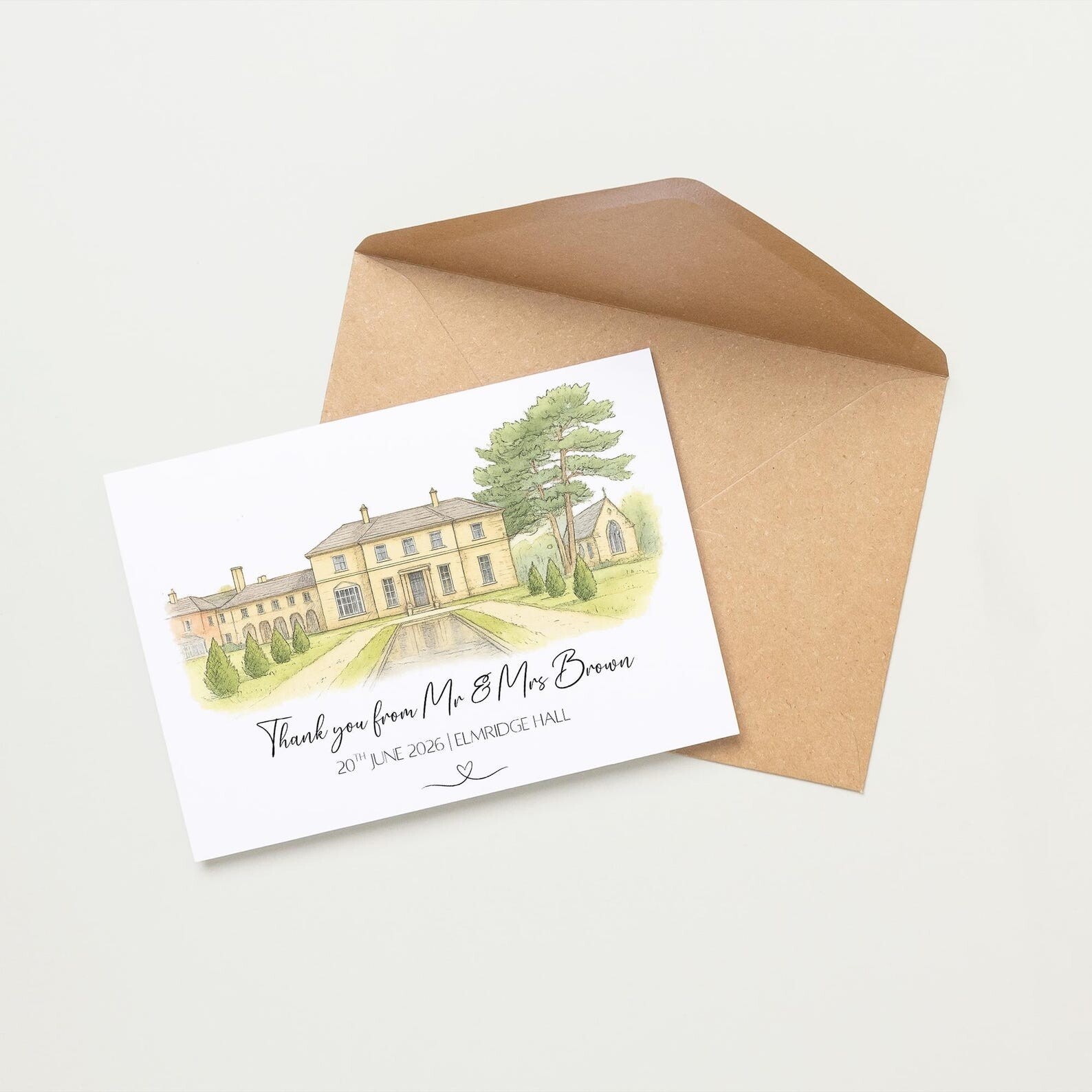 Personalised Modern Watercolour Sketch Design of Wedding Venue Wedding Thank You Card