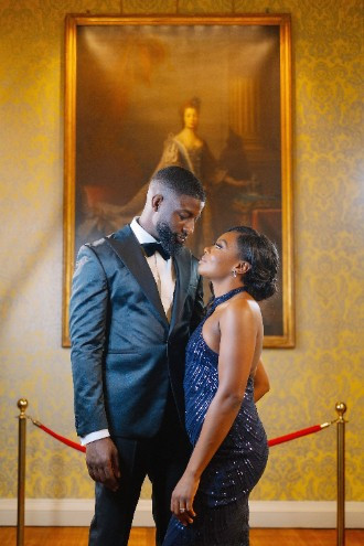 Bride and Groom in evening wear at Hedsor House Wedding