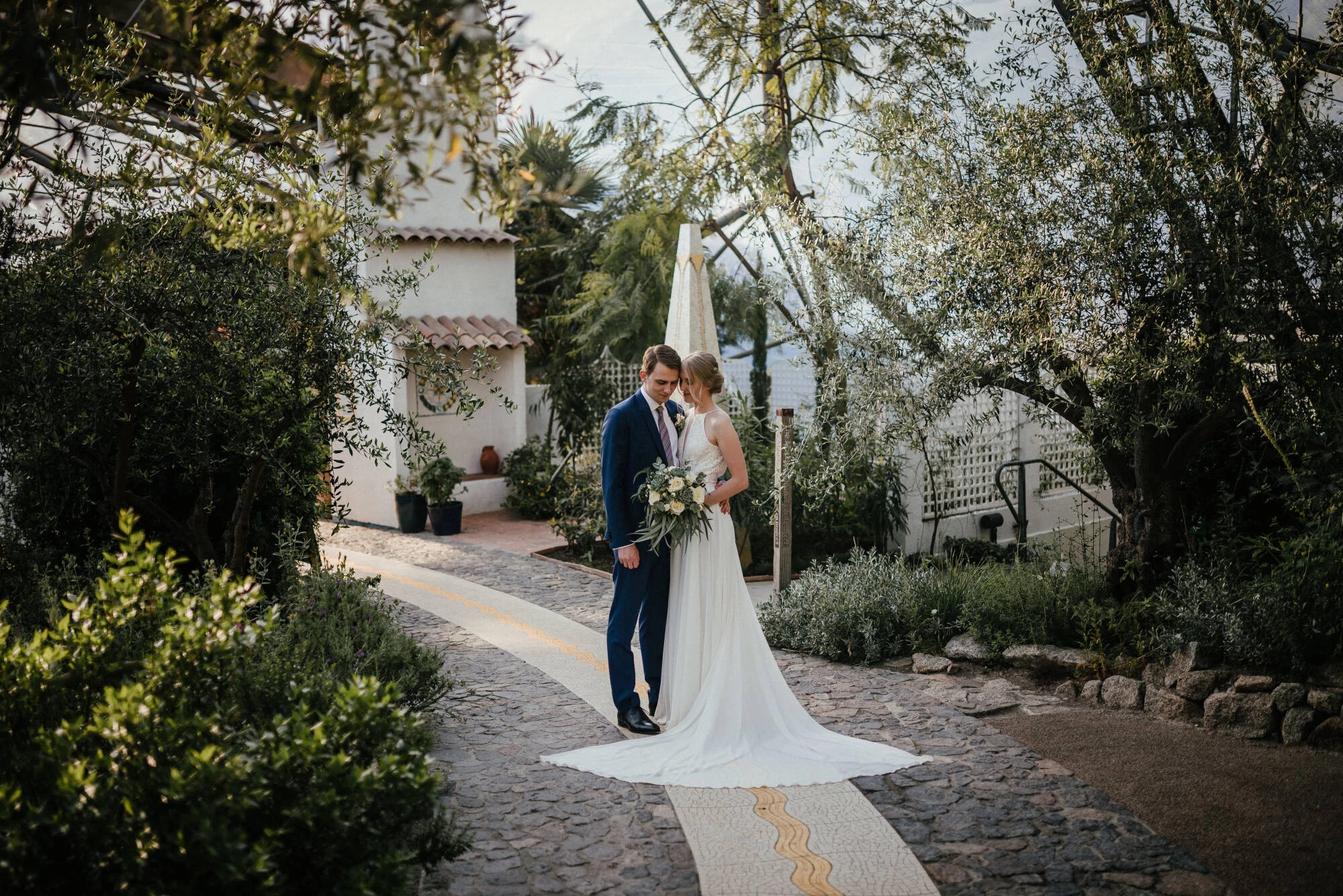 Bride and groom inside the Eden Project for their wedding