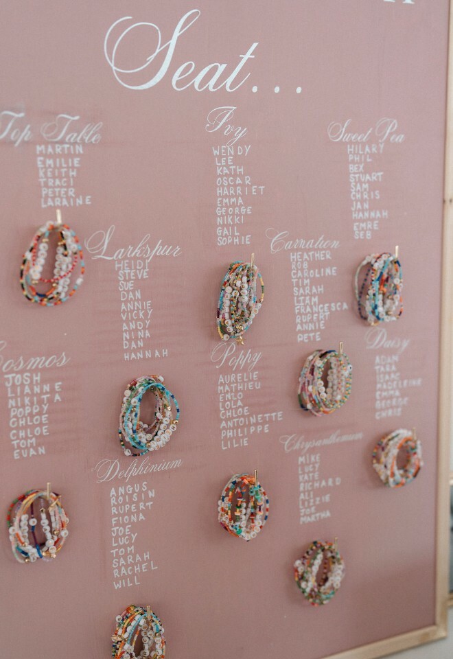 Handmade wedding table plan with Taylor Swift inspired friendship bracelets