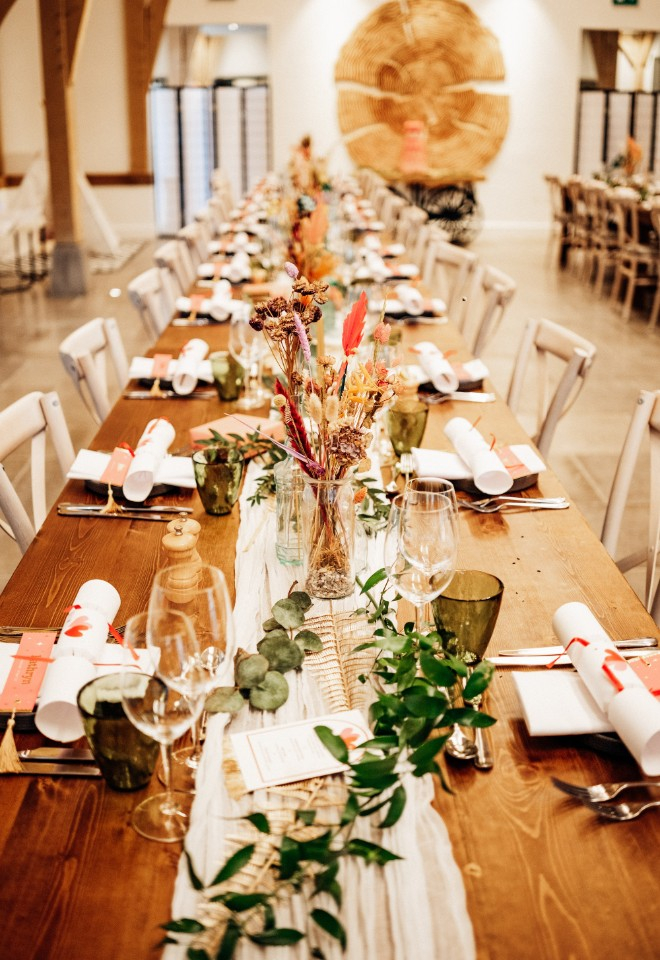Tressel table with colourful centrepieces