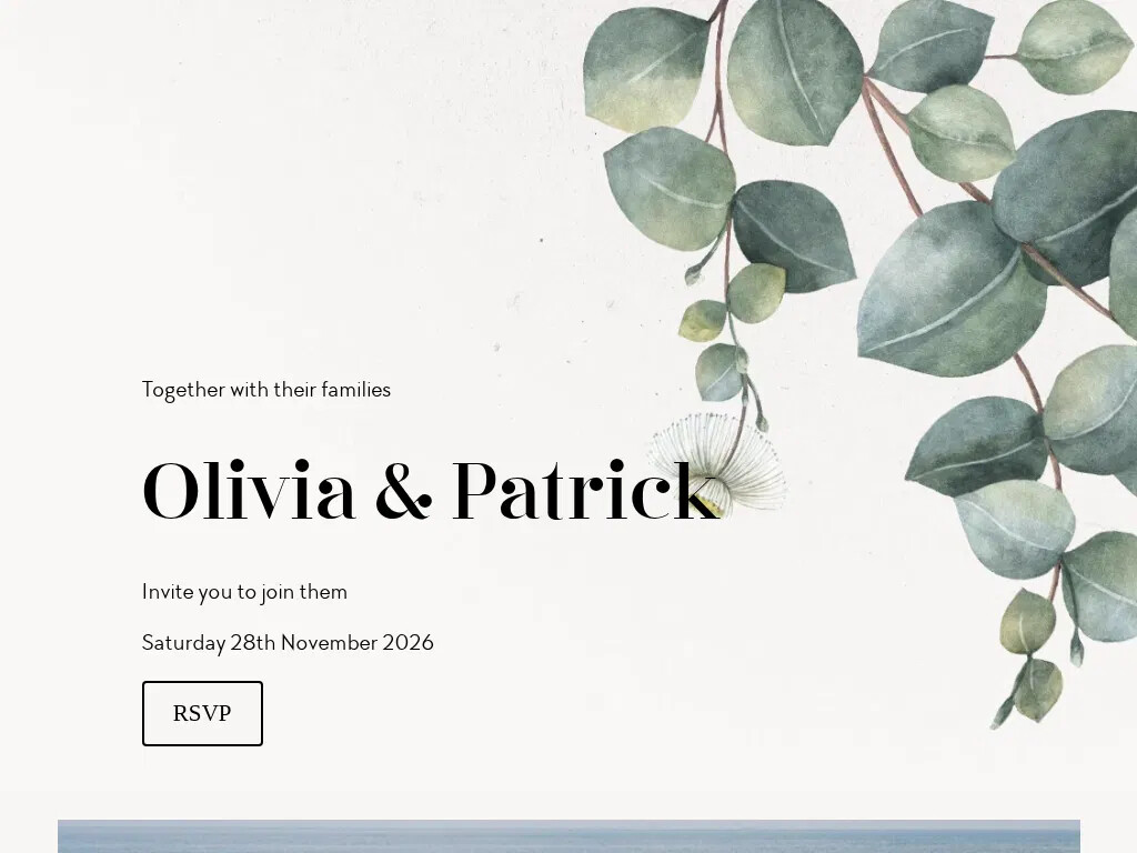 Say I Do wedding website homepage with eucalyptus design, couple names, wedding date and RSVP button.