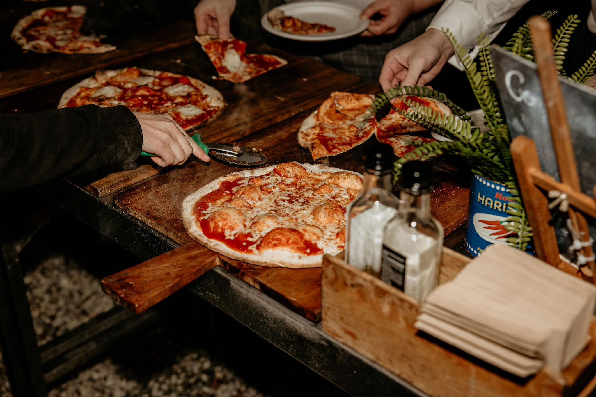 Pizza served at evening reception at Tredudwell Manor Wedding