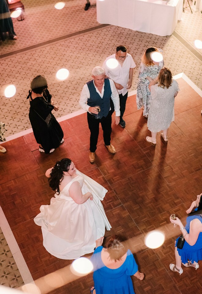 Bride and guests on the dancefloor at Clevedon Hall