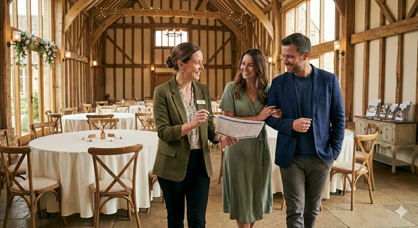 A wedding coordinator shows a detailed floor plan to a smiling couple inside a rustic barn venue with tables and chairs set up.