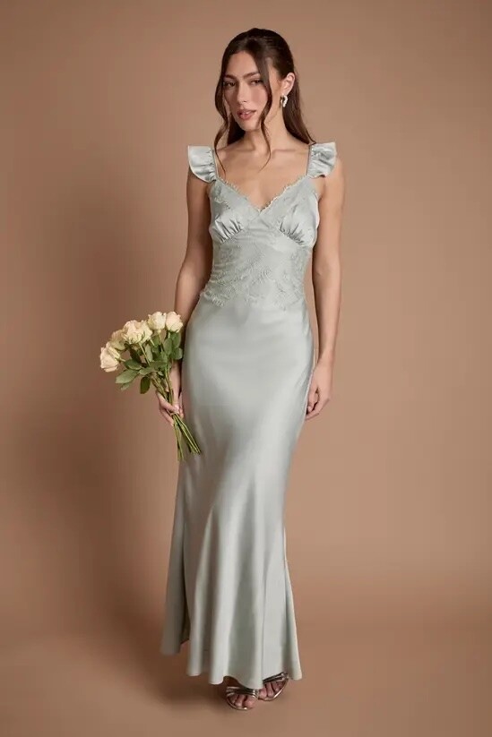 icy sage cami strap bridesmaid dress with lace trim and full length skirt for winter wedding indoor venue