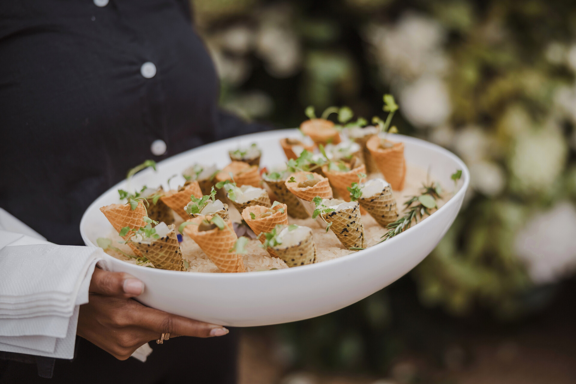 Wedding canapes the Woodland Barn at Alfriston Gardens wedding venue in East Sussex.