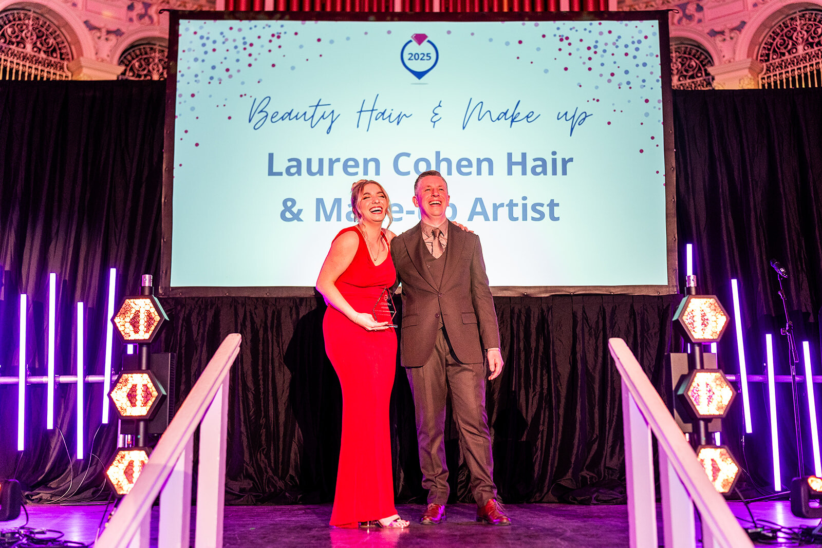Lauren Cohen Hair and Makeup Artist with John Maddaford from Guides for Brides at the Customer Service Awards 2025