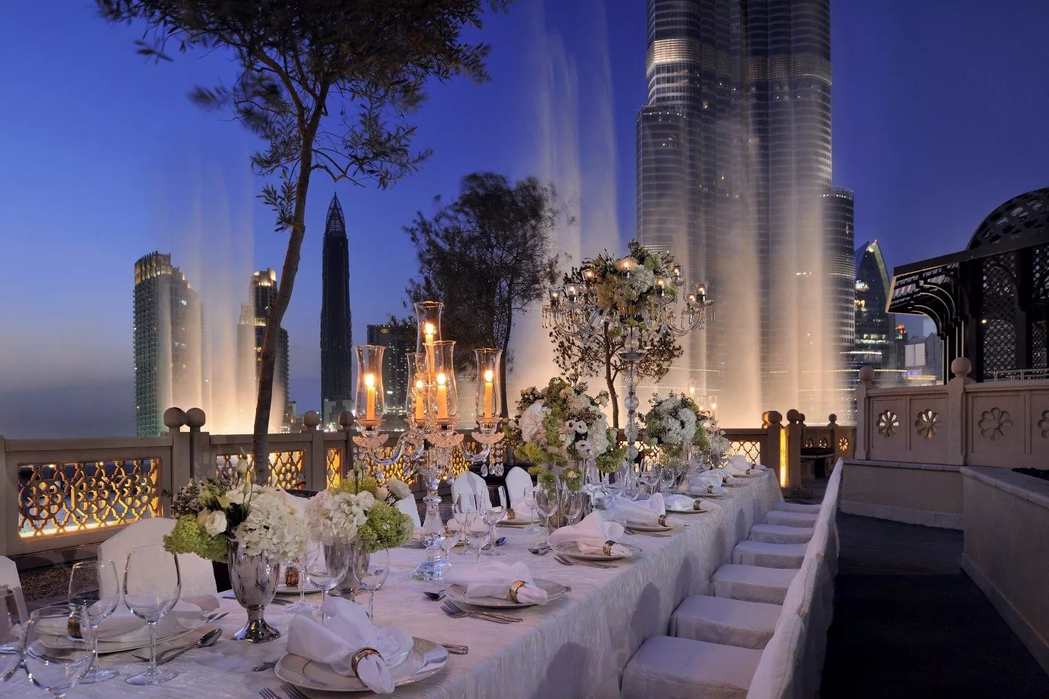 The Viewing Deck at luxury Dubai wedding venue, Palace Down Town, overlooking the Burj Khalifa and The Dubai Fountain