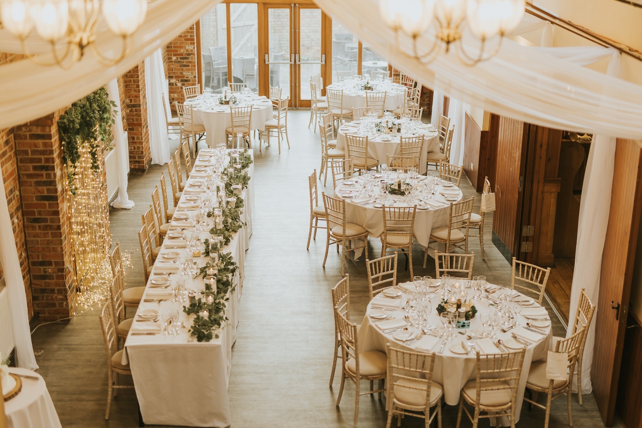 Interior of the Hall Farm Hotel set for a wedding reception