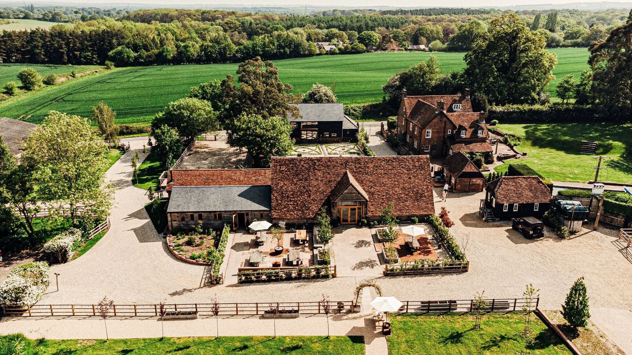 Aerial image of Silchester Farms ceremony barn and some of the accommodation