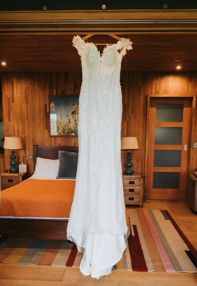 The Wedding Dress hanging in the lodge