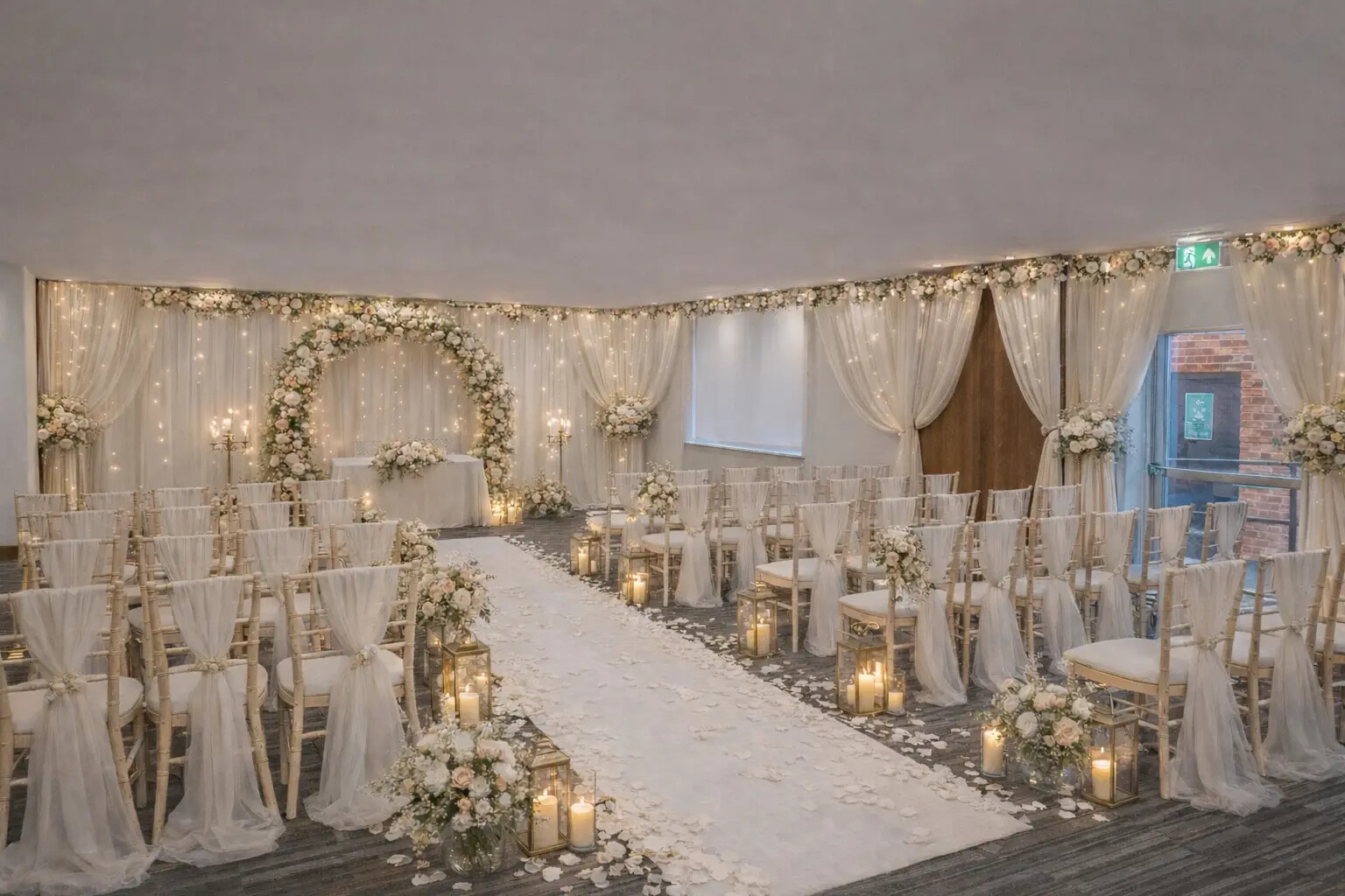 A ceremony with chairs that have white covers and decorations 