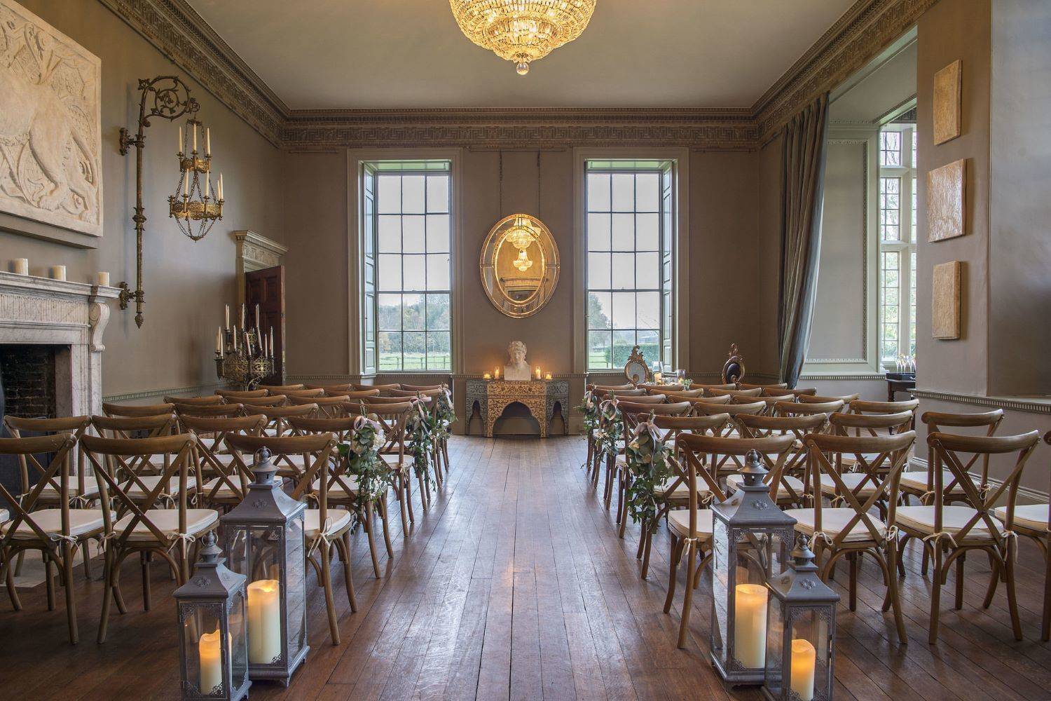 The Great Hall set up for a wedding ceremony at Howsham Hall wedding venue in York.