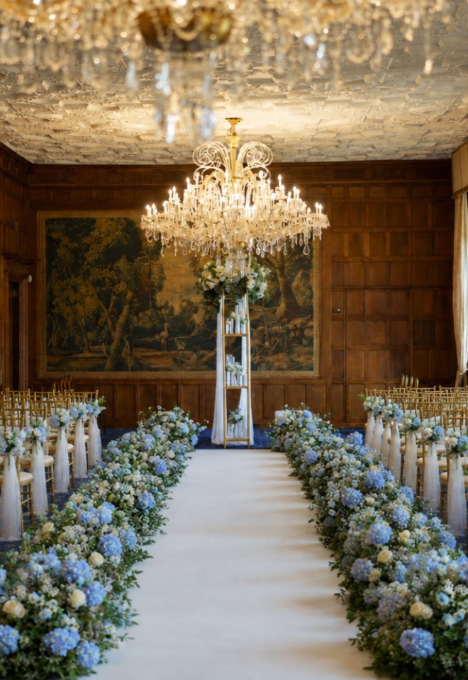 Nikka ceremony setup in the Long Gallery at North Mymms Park, featuring a white carpet aisle lined with dusty blue and white floral runners, gold Chiavari chairs with draped fabric, crystal chandelier