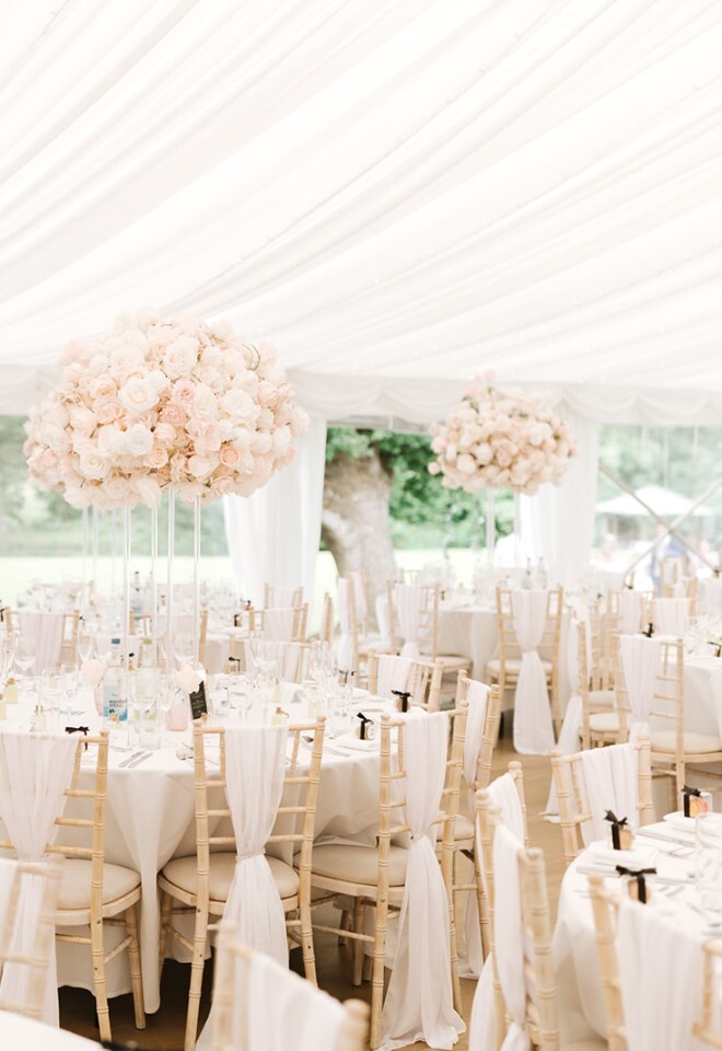 Marquee wedding breakfast at That Amazing Place by decorated by Sophies Boutique Bows