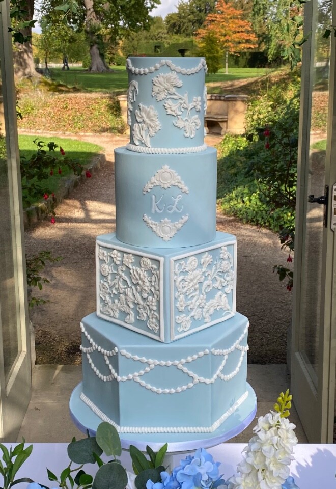Blue Wedgewood Style Wedding Cake by Cakes of Curiosity