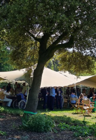 Outdoor drinks reception under the stretch tent