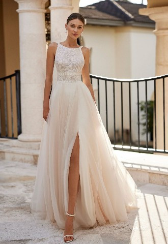 Blush tulle skirt wedding dress from Rosa Clara 2024 collection Esme, find it at Boa Boutique Surrey