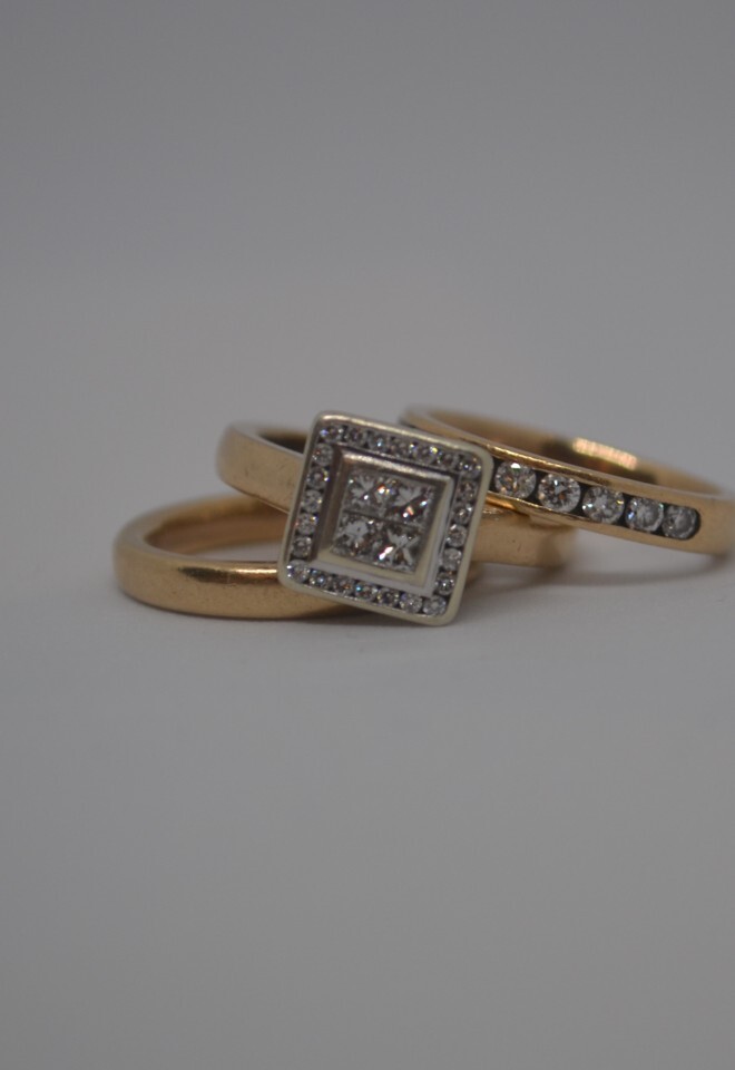 Gold engagement , wedding & eternity ring set with diamonds