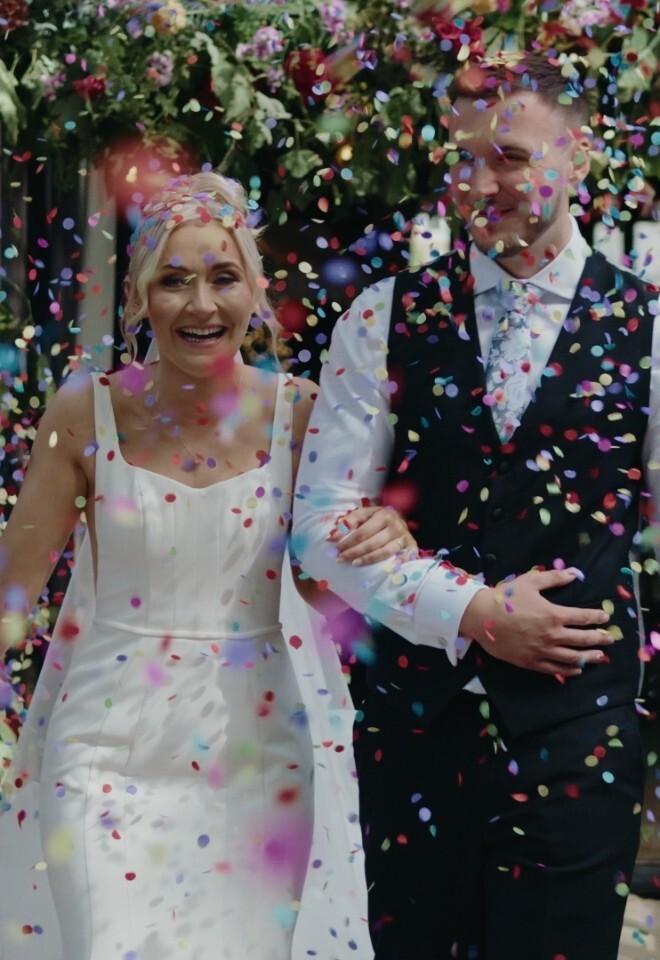 Confetti, bride and groom