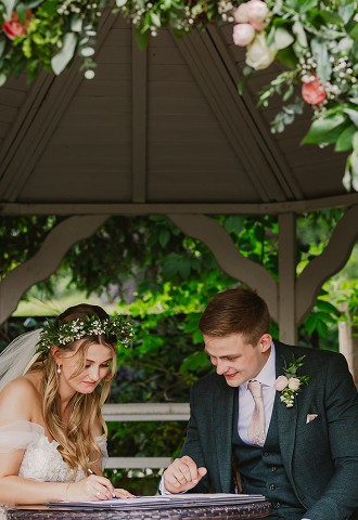 Wedding couple signing wedding register at The Elephant Hotel - a wedding venue in Berkshire