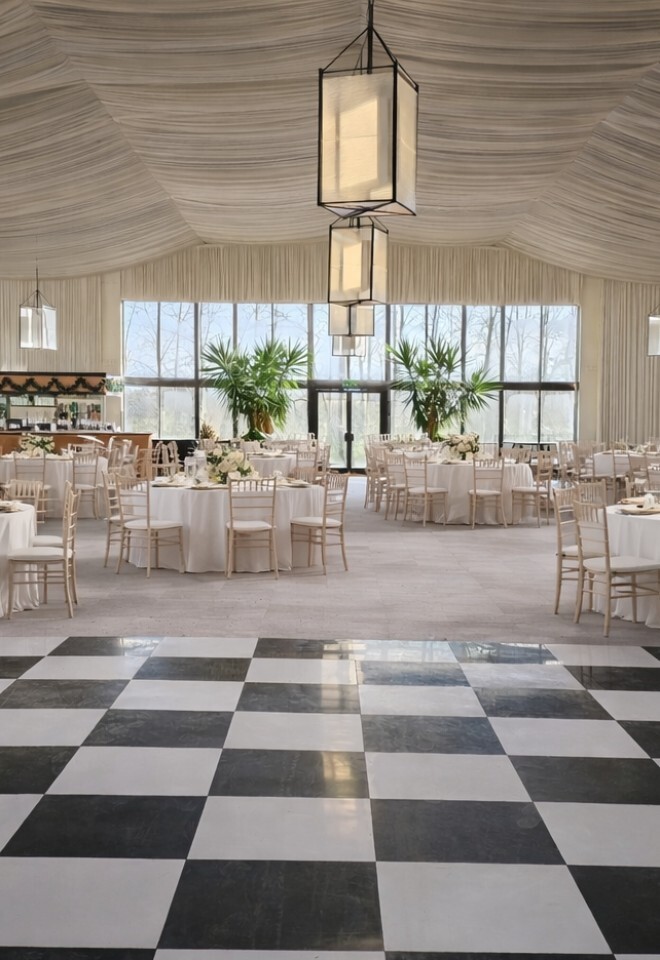 Indoor wedding setup at Briar House Barns barn wedding venue in Rotherfield, East Sussex