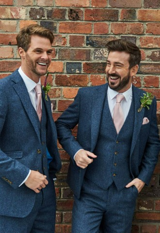 Grooms party wedding outfits in blue tweed Shrewsbury at Shepherd & Woodward