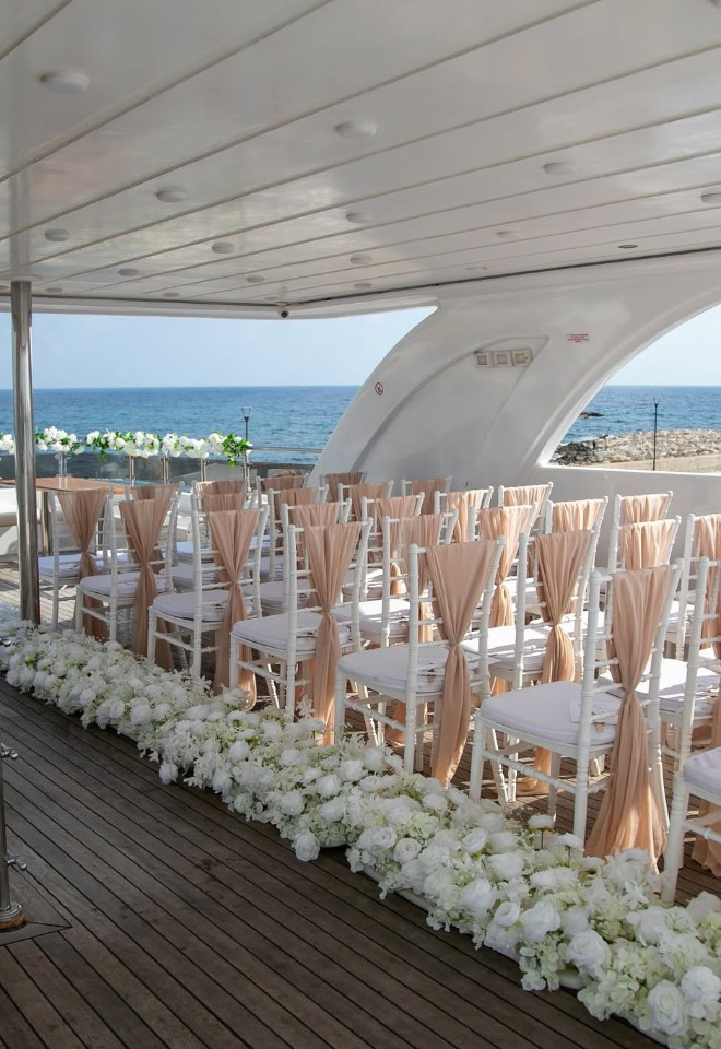Wedding ceremony on upper deck of a yacht