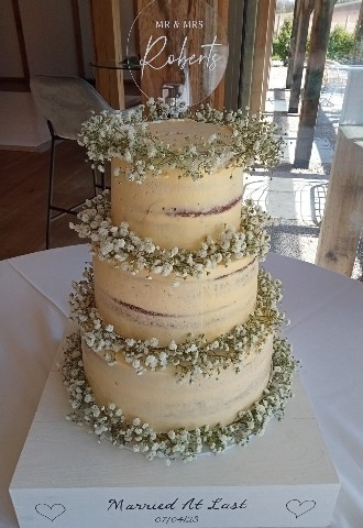 3 tier semi naked wedding cake for wedding at Brinsop Court, red velvet cake, carrot & banana cake by Gails Cake Pantry