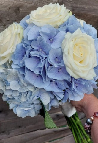 White rose and Blue Hydrangea Bouquet by Flowers by Marion, Kent