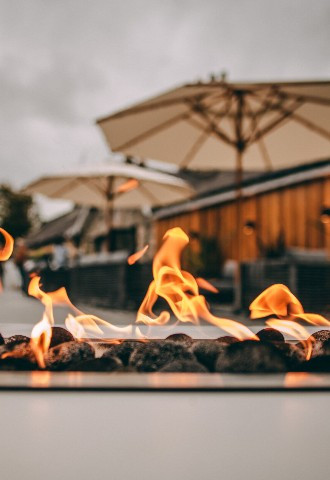 Firepit on the terrace at Talhenbont Hall Pwllheli  Gwynedd, Wales
