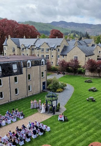 Ariel photo of wedding ceremony at The Fishers Hotel Wedding Venue