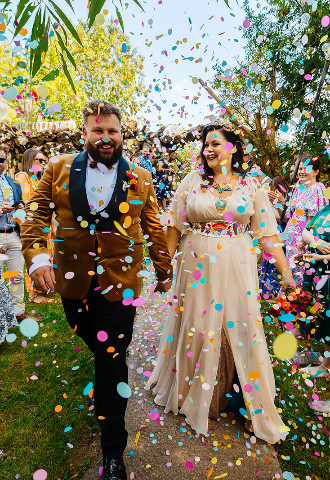 Festival Wedding Worcester with colourful confetti