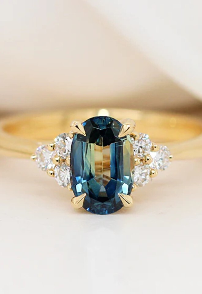 teal sapphire trifold diamond engagement ring Holts Gems London