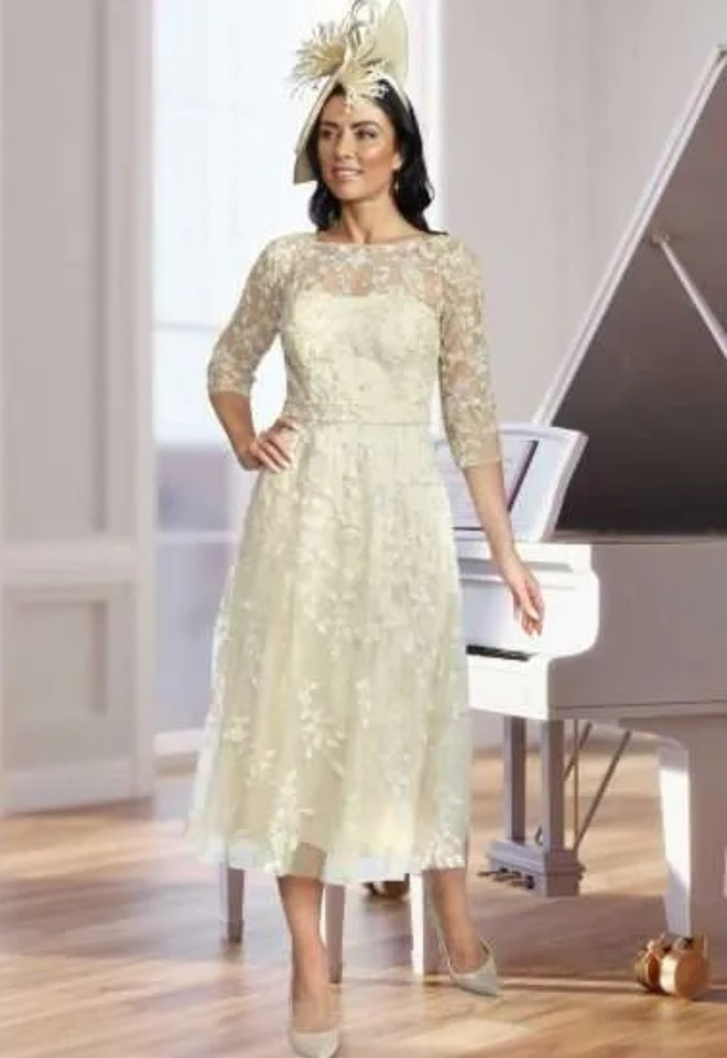Veromia Almond Mother of the Bride Groom dress. Beaded aline dress with long 3/4 sleeves. Chameleon Bride Bournemouth Dorset near Hampshire