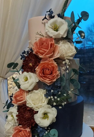 Pink Navy Wedding Cake Sugar Flowers Roses Lisianthus