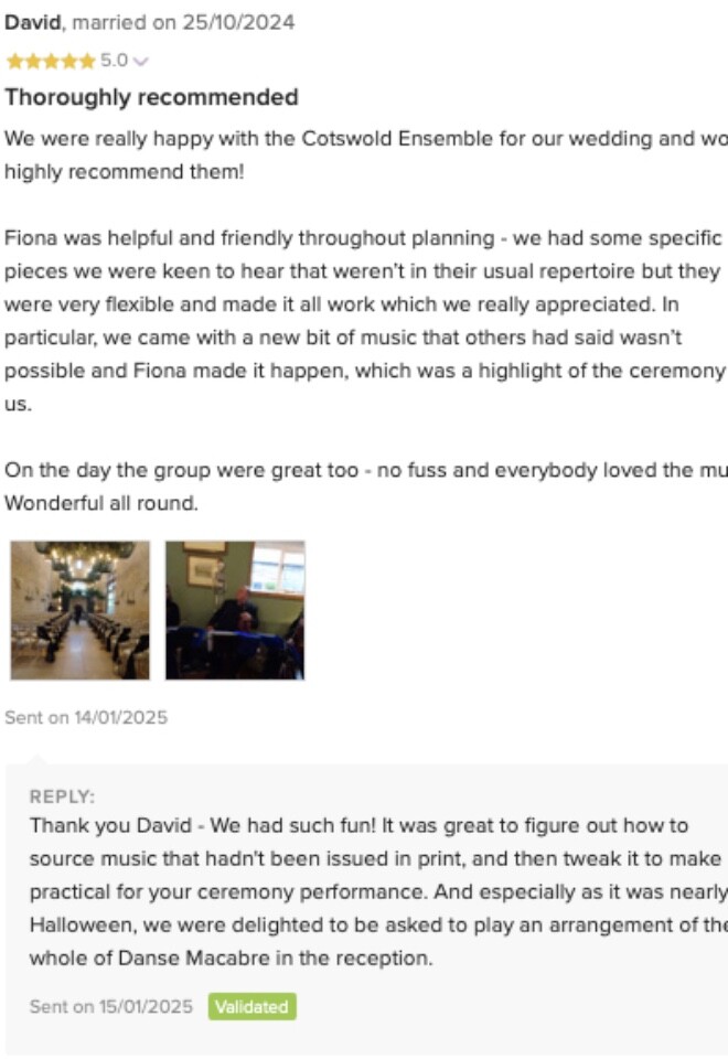 5* review Cotswold Ensemble wedding & reception, Merriscourt October 2025