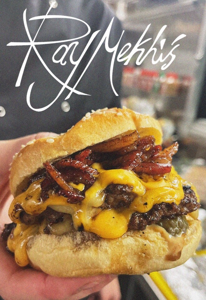 Our double smash patty Ray Mekhis burger. With sweet sticky caramalised onions and crispy maple bacon