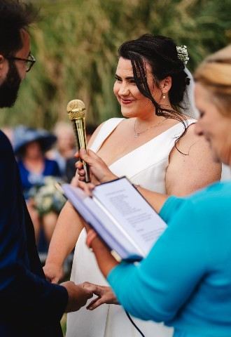 Celebrant Sam with bride and groom at Beacon Crag