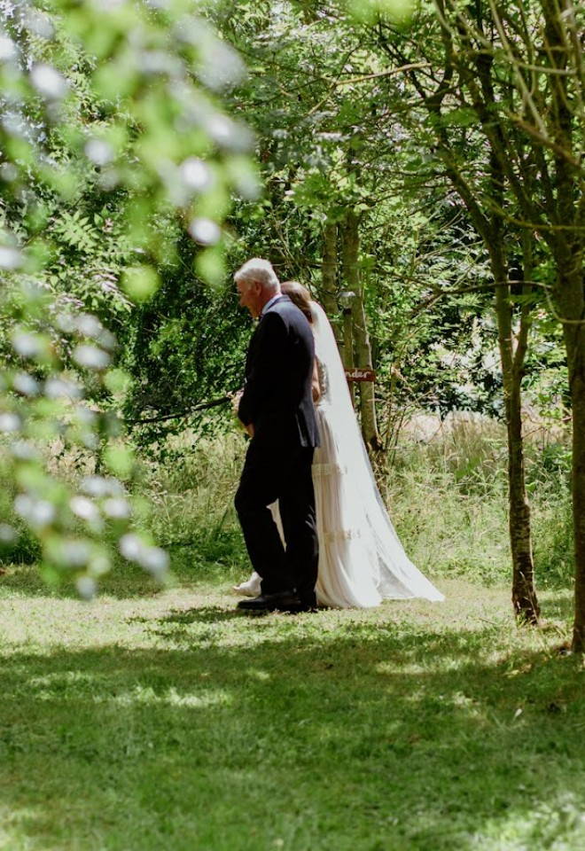 father walking the bride down the aisle, outdoor ceremony at Higher Holcombe 