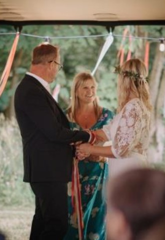 Celebrant Lisa with bride and groom - wedding at home
