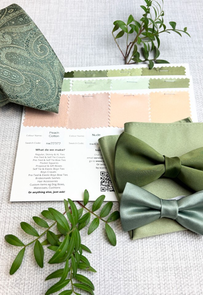 Peach & Green Wedding Colour Scheme |  Colour-Matching Swatches and Wedding Ties UK